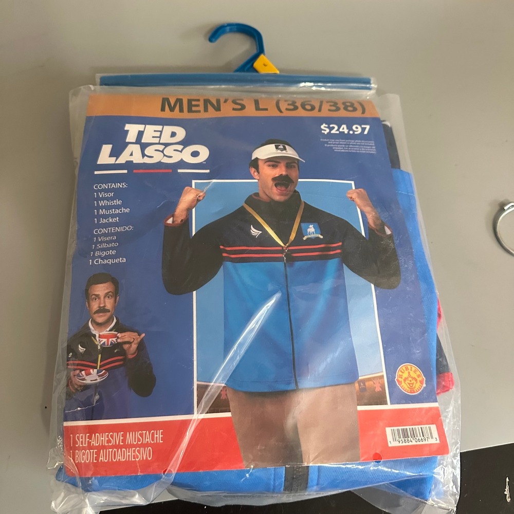 Ted Lasso Coach Costume Mens Large Rubies Jacket Visor Whistle Mustache Set